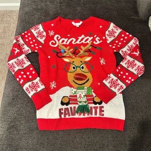 Santa’s Favorite Red Sparkly Reindeer Christmas Sweater Medium